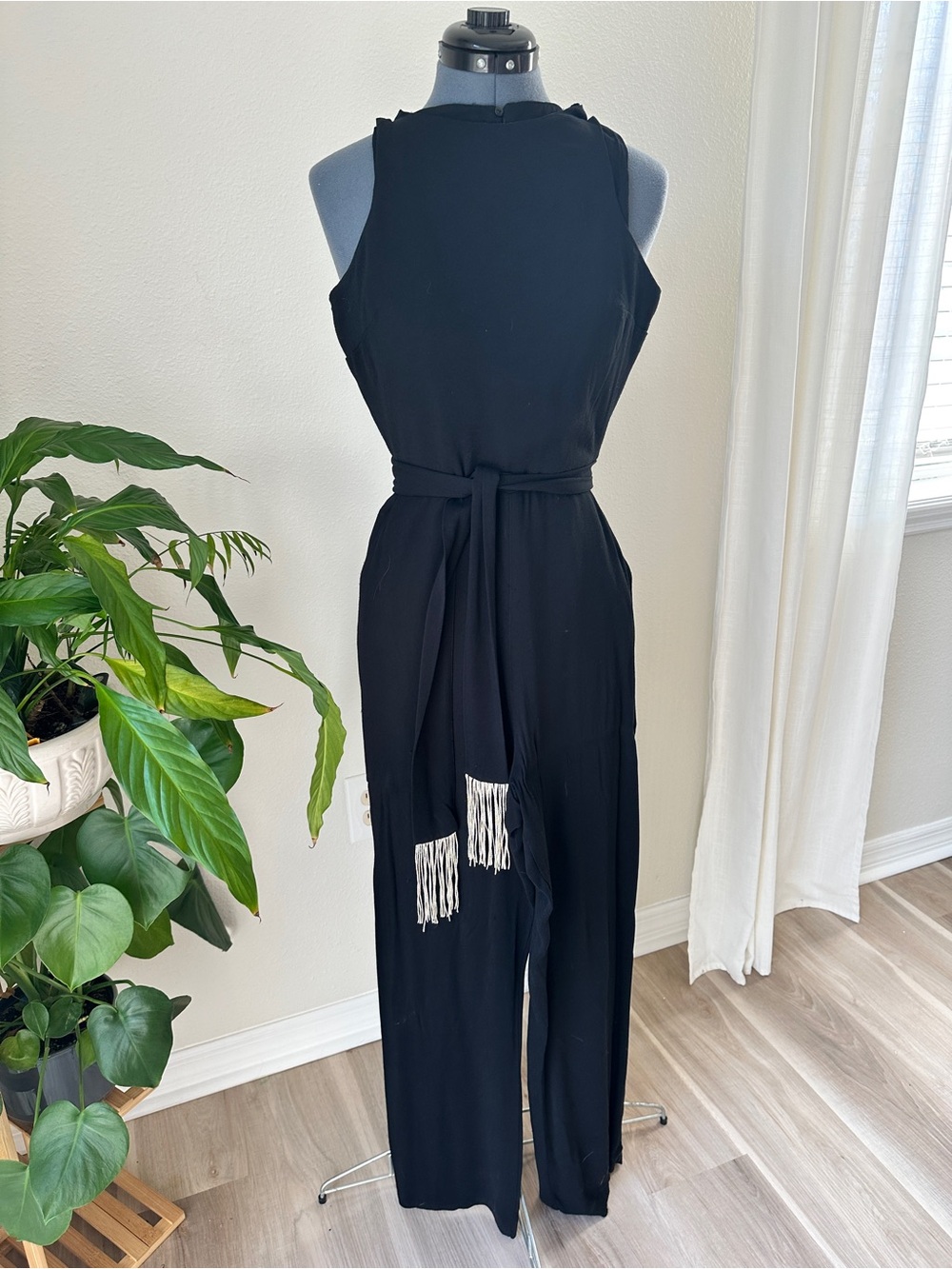 Mango Black Sleeveless Jumpsuit with Fringe Waist Tie
